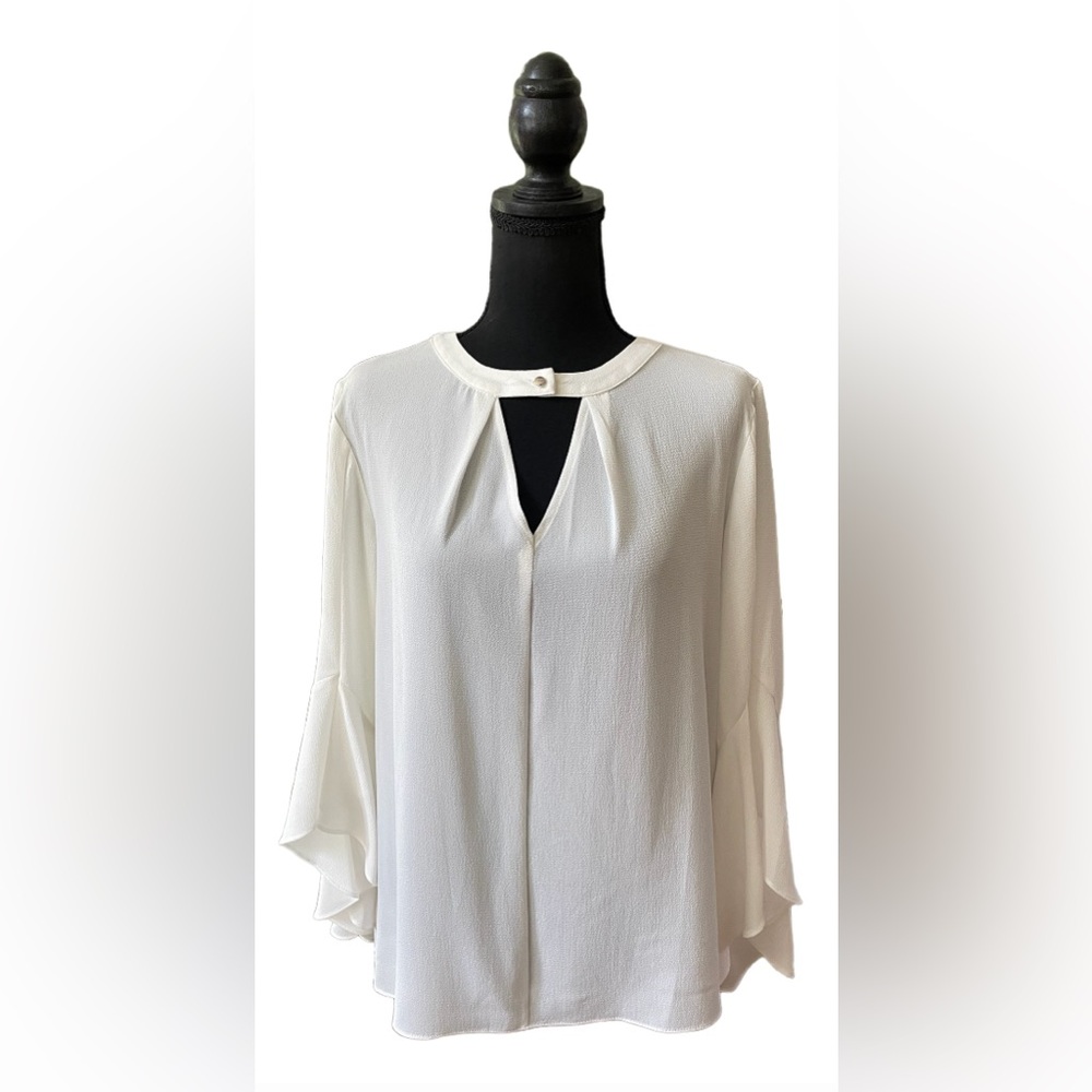 Sami & Jo: White Blouse with Flare Sleeves and Key Hole Front